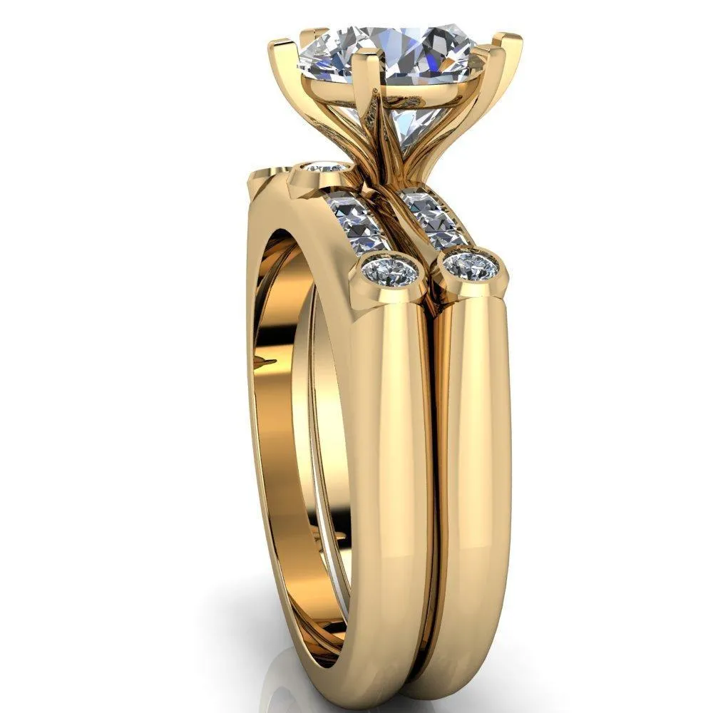 Judith Round Center Stone 6 Prong Center Diamond Channel Accent Full Bezel Ring