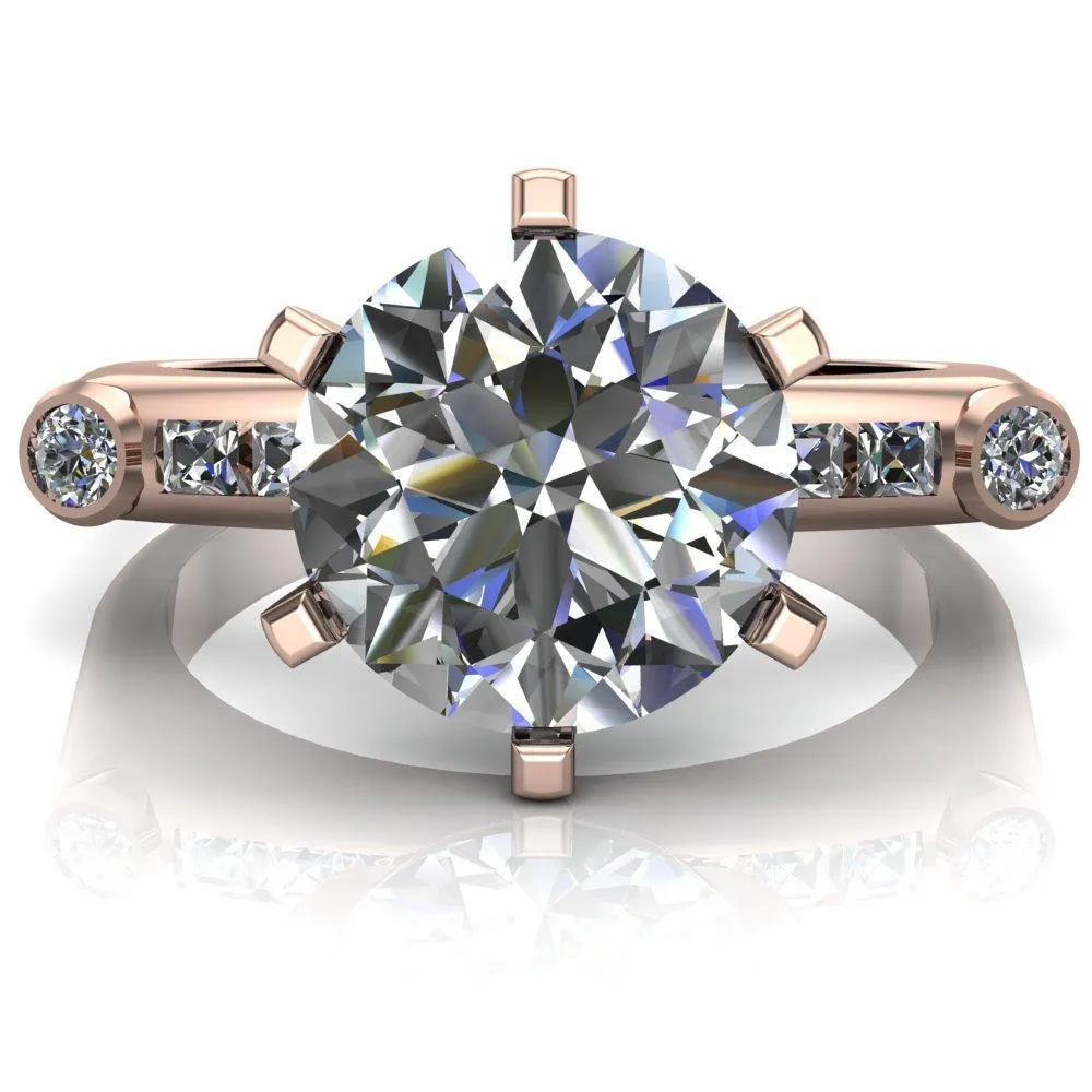 Judith Round Center Stone 6 Prong Center Diamond Channel Accent Full Bezel Ring