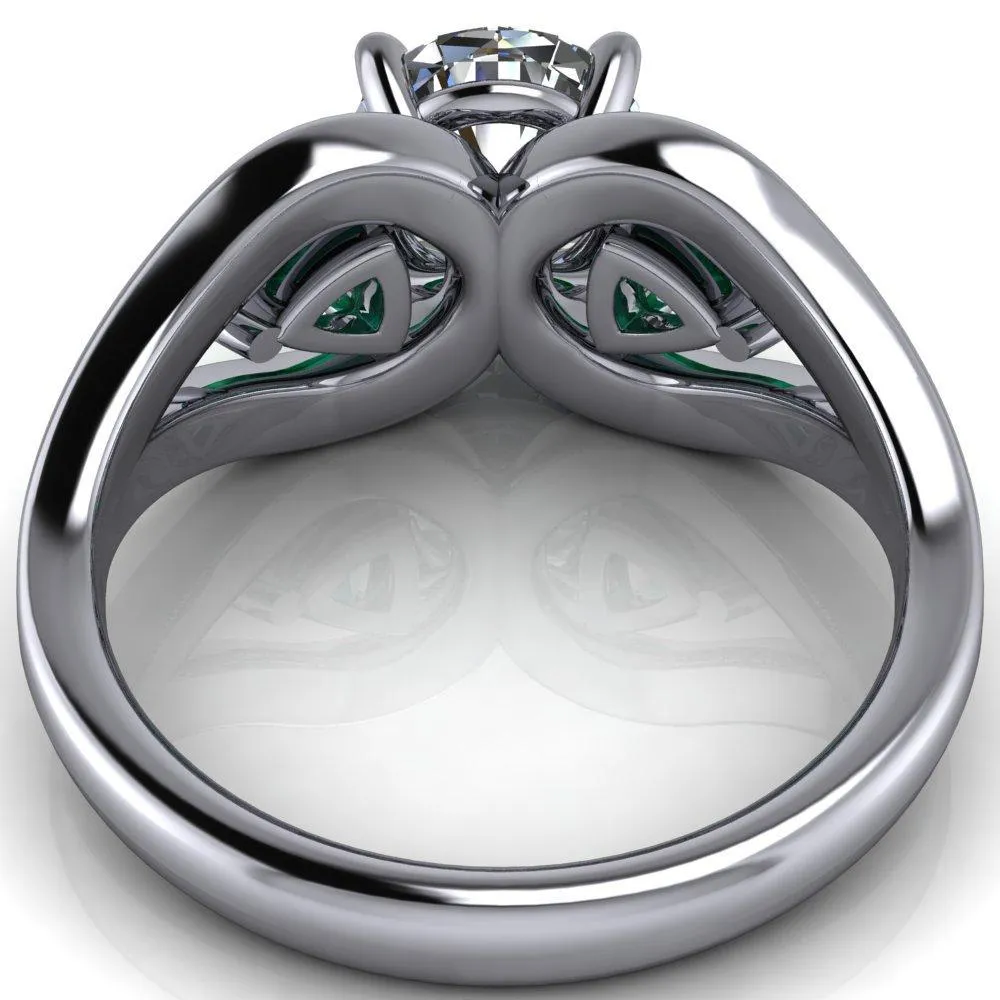 Kassandra Round Center Stone 4 Prong Trillion Emerald Side Split Shank Accent Engagement Ring