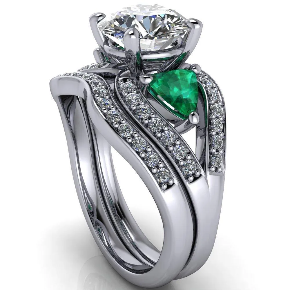 Kassandra Round Center Stone 4 Prong Trillion Emerald Side Split Shank Accent Engagement Ring