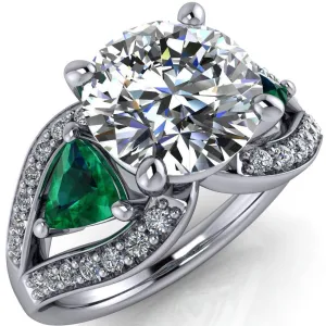 Kassandra Round Center Stone 4 Prong Trillion Emerald Side Split Shank Accent Engagement Ring