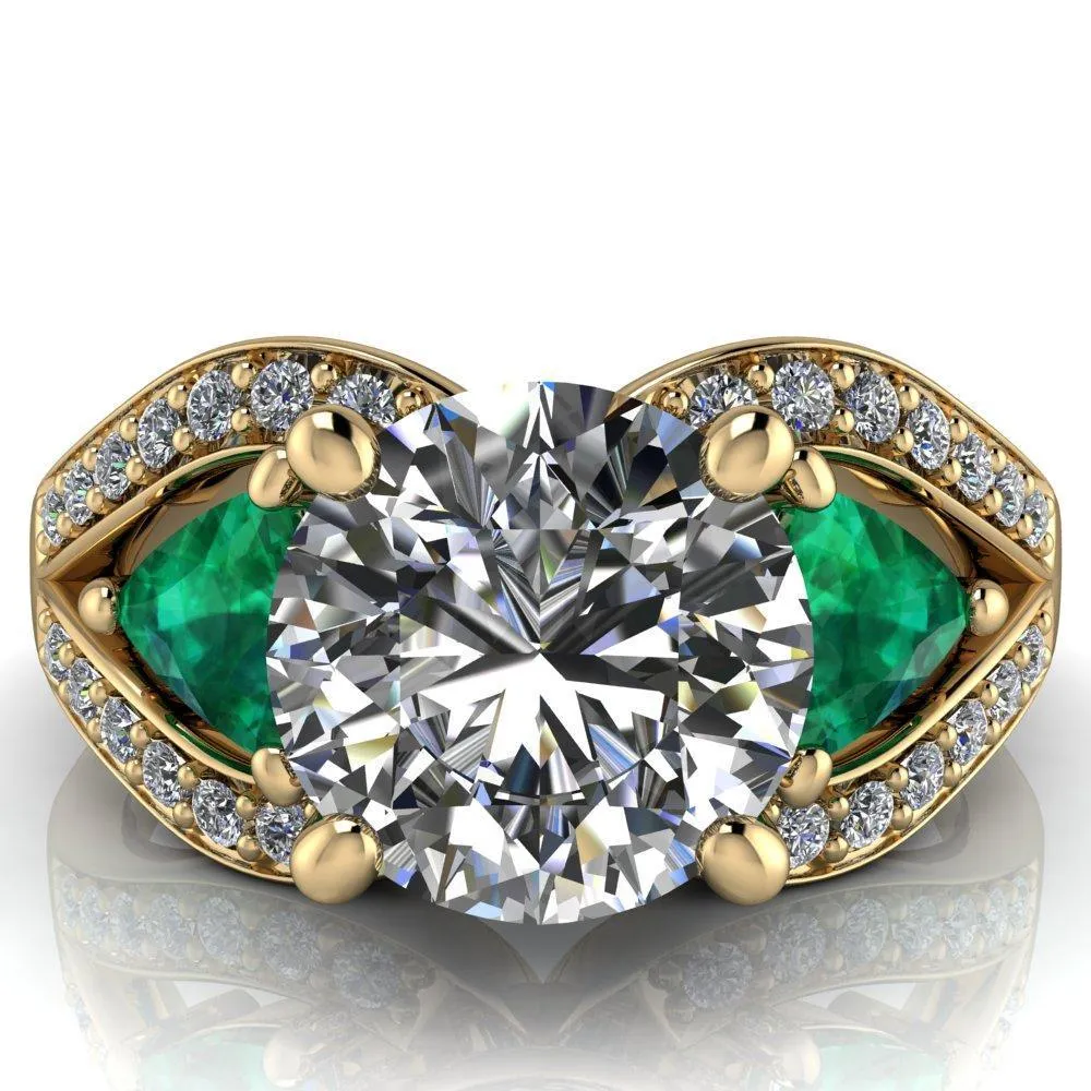 Kassandra Round Center Stone 4 Prong Trillion Emerald Side Split Shank Accent Engagement Ring