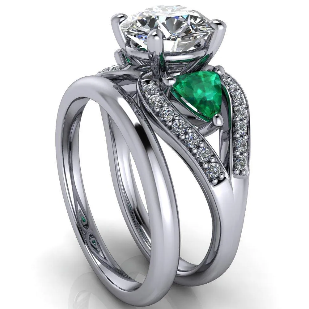 Kassandra Round Center Stone 4 Prong Trillion Emerald Side Split Shank Accent Engagement Ring