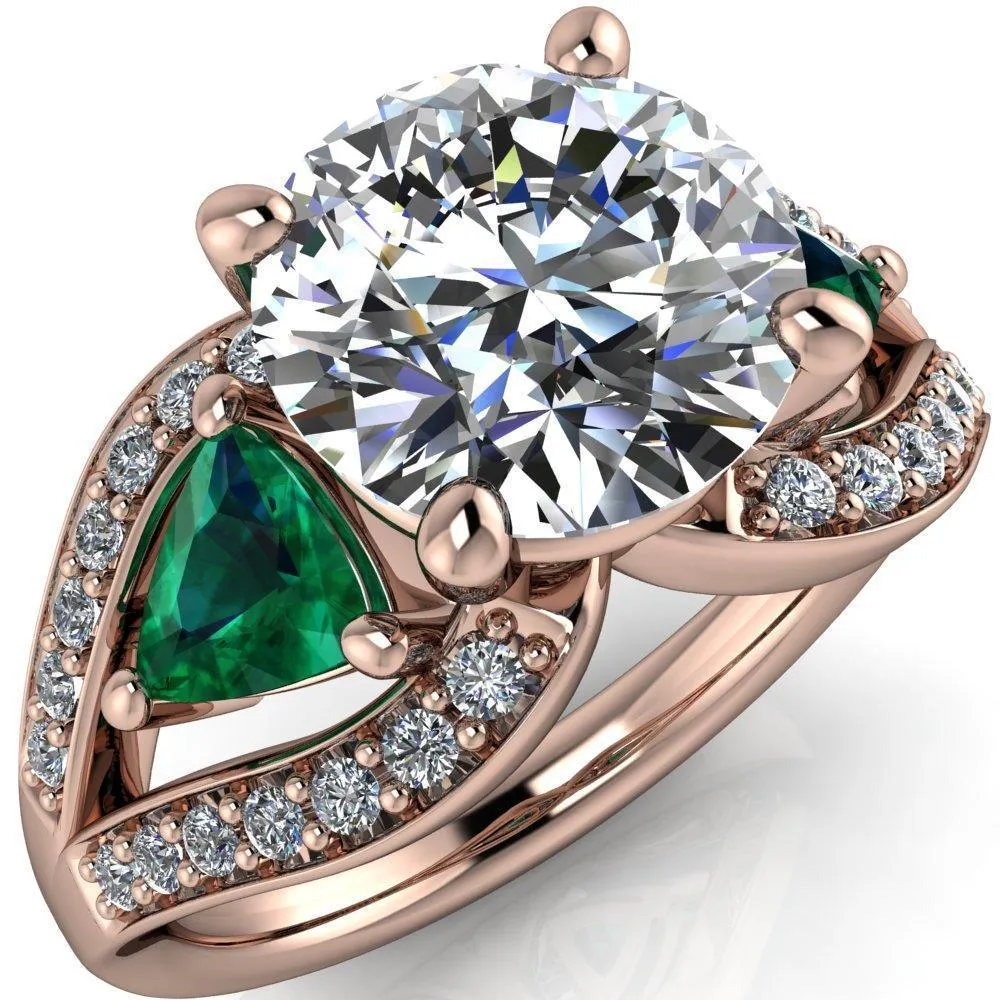 Kassandra Round Center Stone 4 Prong Trillion Emerald Side Split Shank Accent Engagement Ring