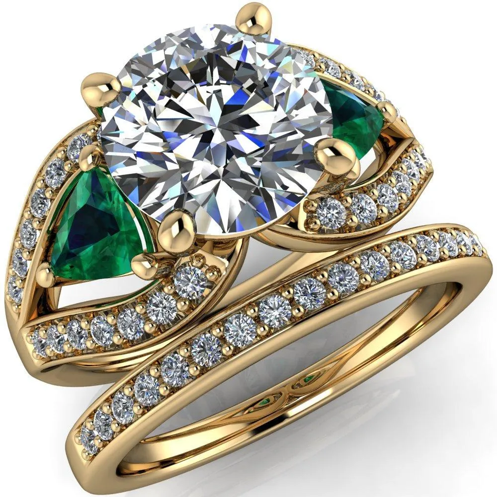 Kassandra Round Center Stone 4 Prong Trillion Emerald Side Split Shank Accent Engagement Ring