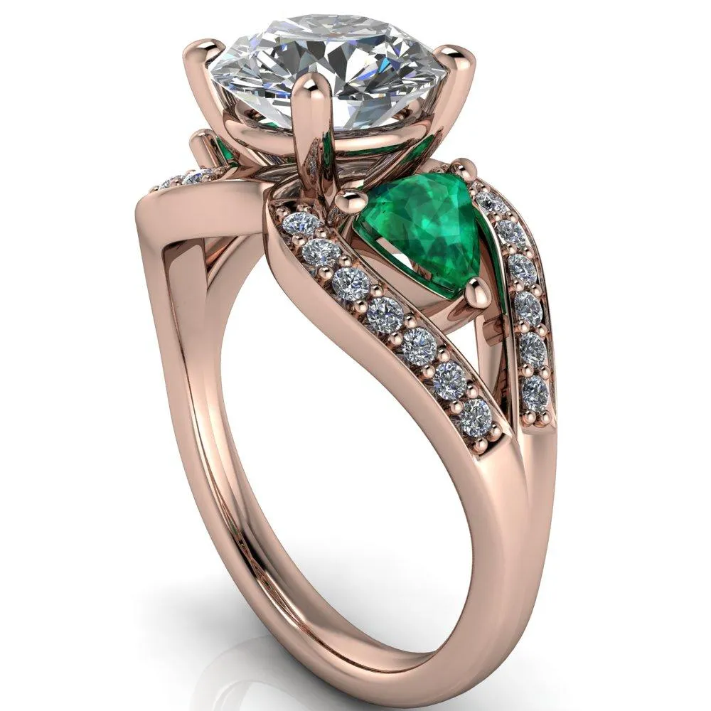 Kassandra Round Center Stone 4 Prong Trillion Emerald Side Split Shank Accent Engagement Ring