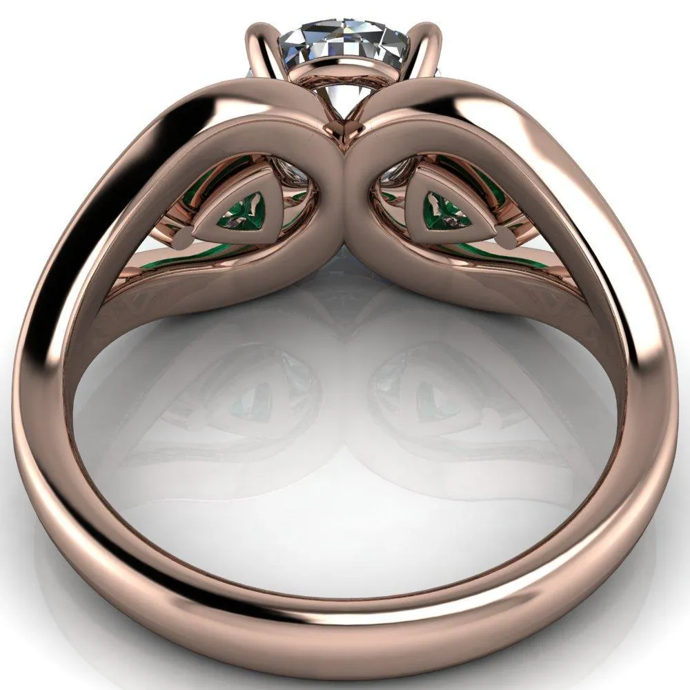 Kassandra Round Center Stone 4 Prong Trillion Emerald Side Split Shank Accent Engagement Ring