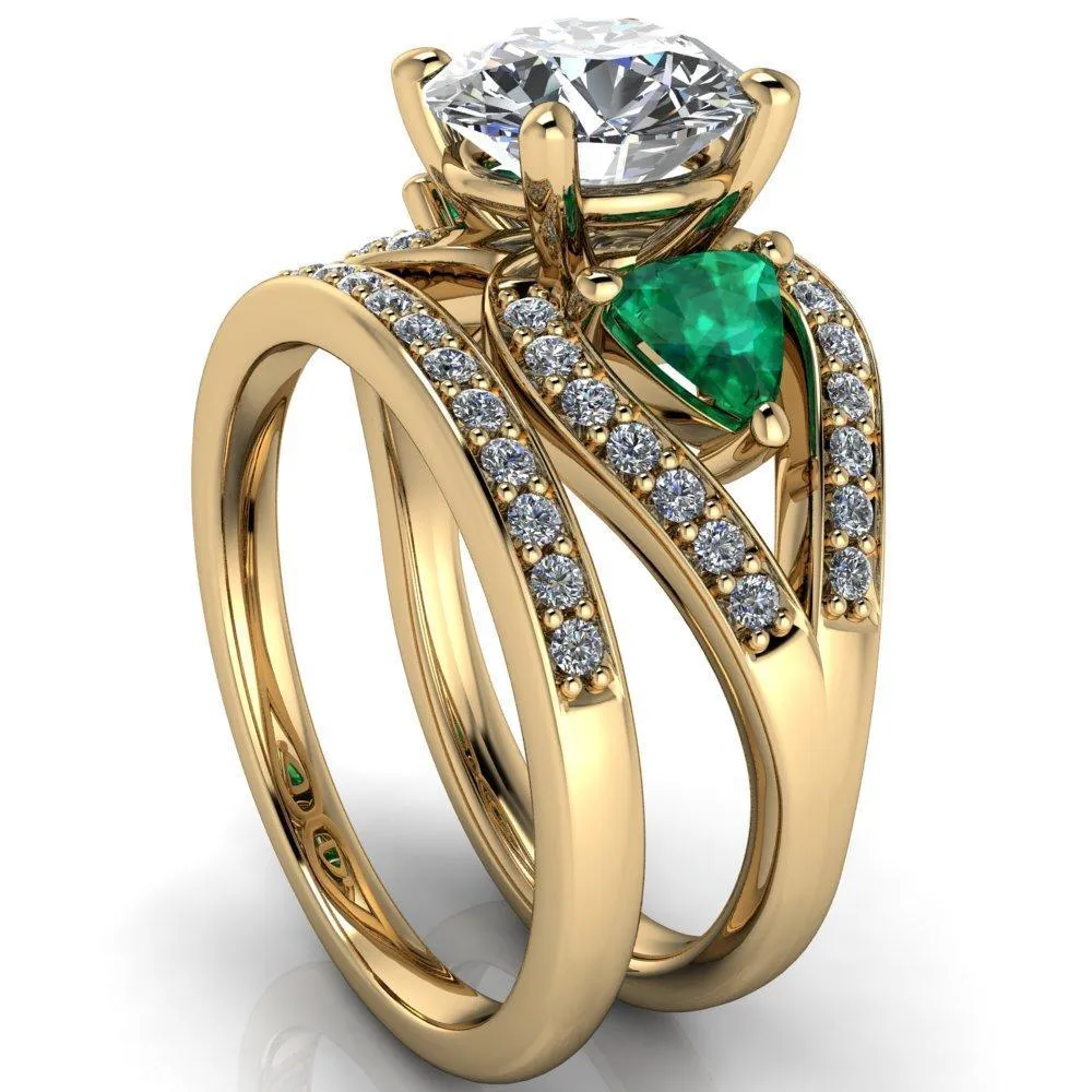 Kassandra Round Center Stone 4 Prong Trillion Emerald Side Split Shank Accent Engagement Ring