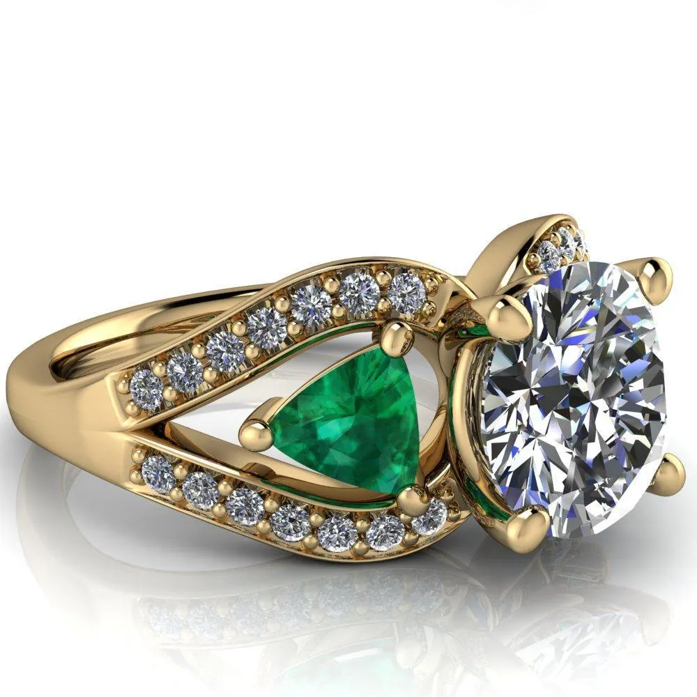 Kassandra Round Center Stone 4 Prong Trillion Emerald Side Split Shank Accent Engagement Ring