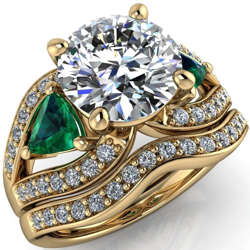 Kassandra Round Center Stone 4 Prong Trillion Emerald Side Split Shank Accent Engagement Ring
