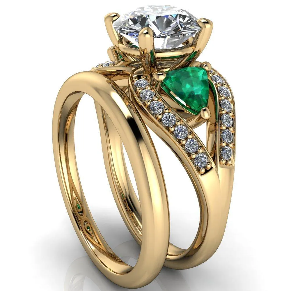 Kassandra Round Center Stone 4 Prong Trillion Emerald Side Split Shank Accent Engagement Ring