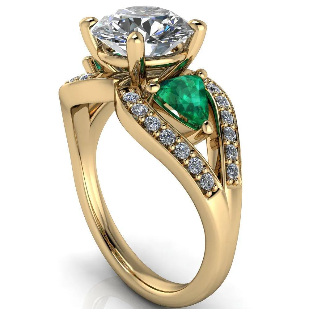 Kassandra Round Center Stone 4 Prong Trillion Emerald Side Split Shank Accent Engagement Ring