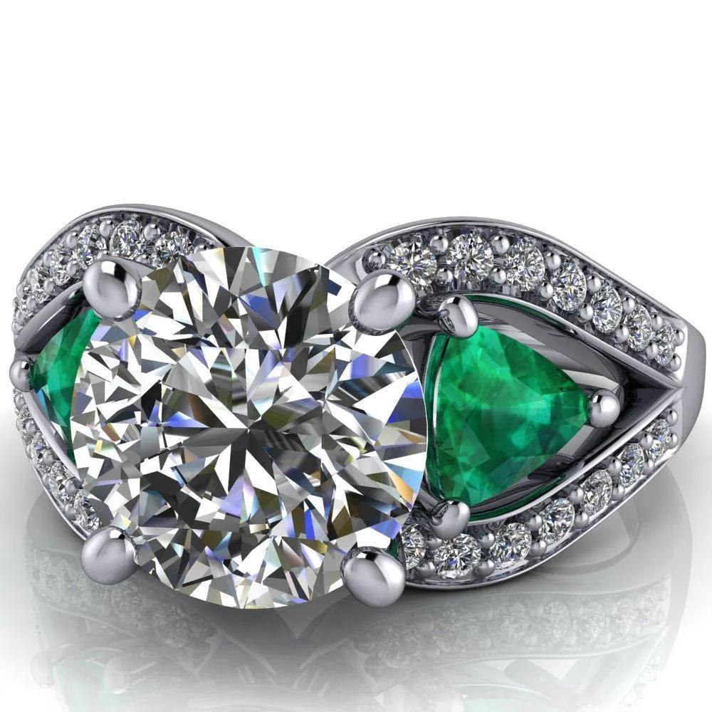 Kassandra Round Center Stone 4 Prong Trillion Emerald Side Split Shank Accent Engagement Ring