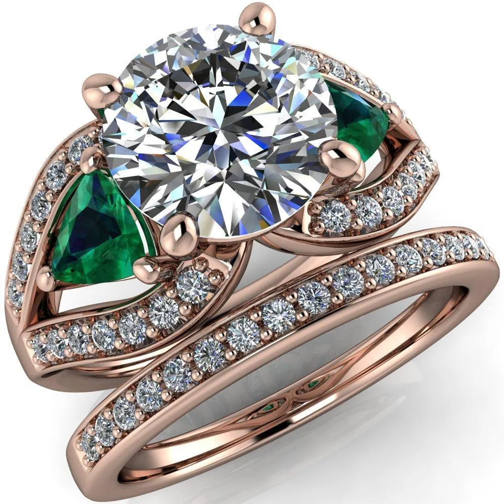 Kassandra Round Center Stone 4 Prong Trillion Emerald Side Split Shank Accent Engagement Ring