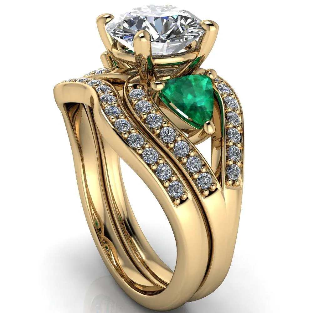 Kassandra Round Center Stone 4 Prong Trillion Emerald Side Split Shank Accent Engagement Ring