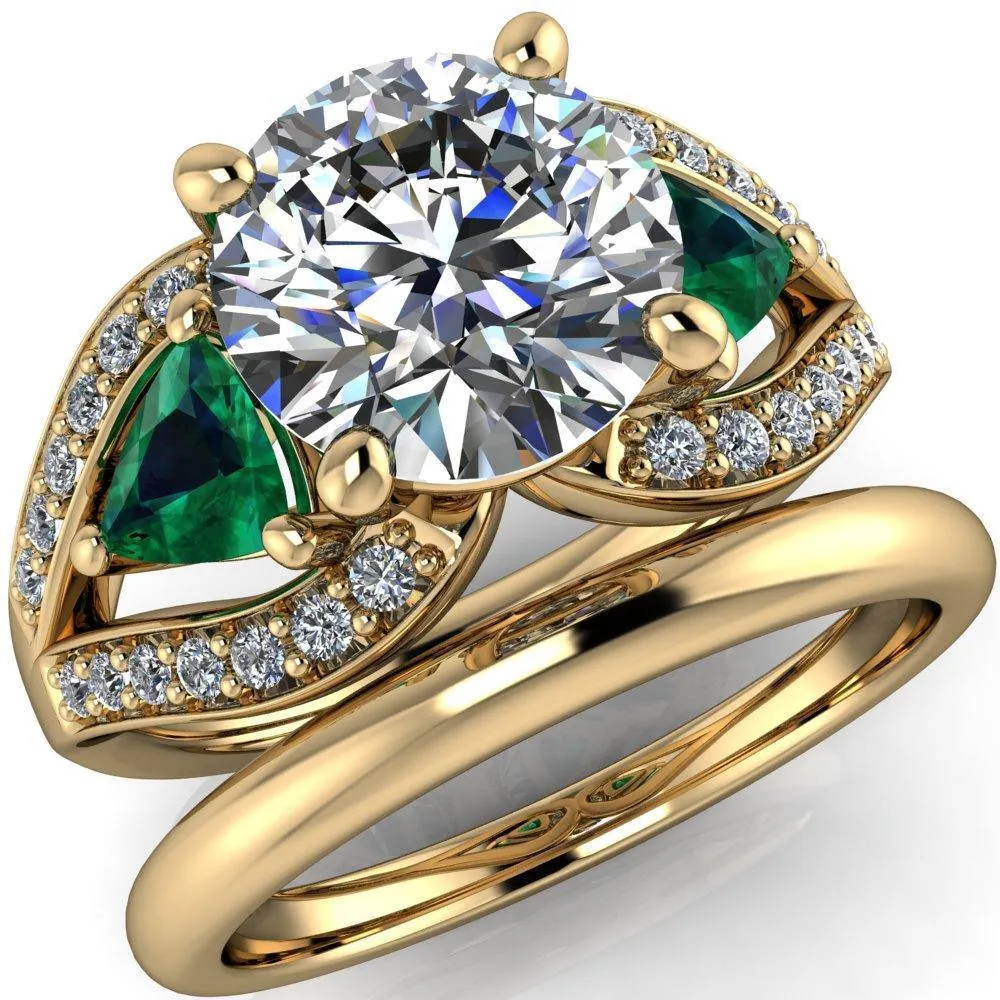 Kassandra Round Center Stone 4 Prong Trillion Emerald Side Split Shank Accent Engagement Ring