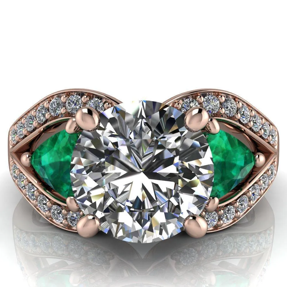 Kassandra Round Center Stone 4 Prong Trillion Emerald Side Split Shank Accent Engagement Ring