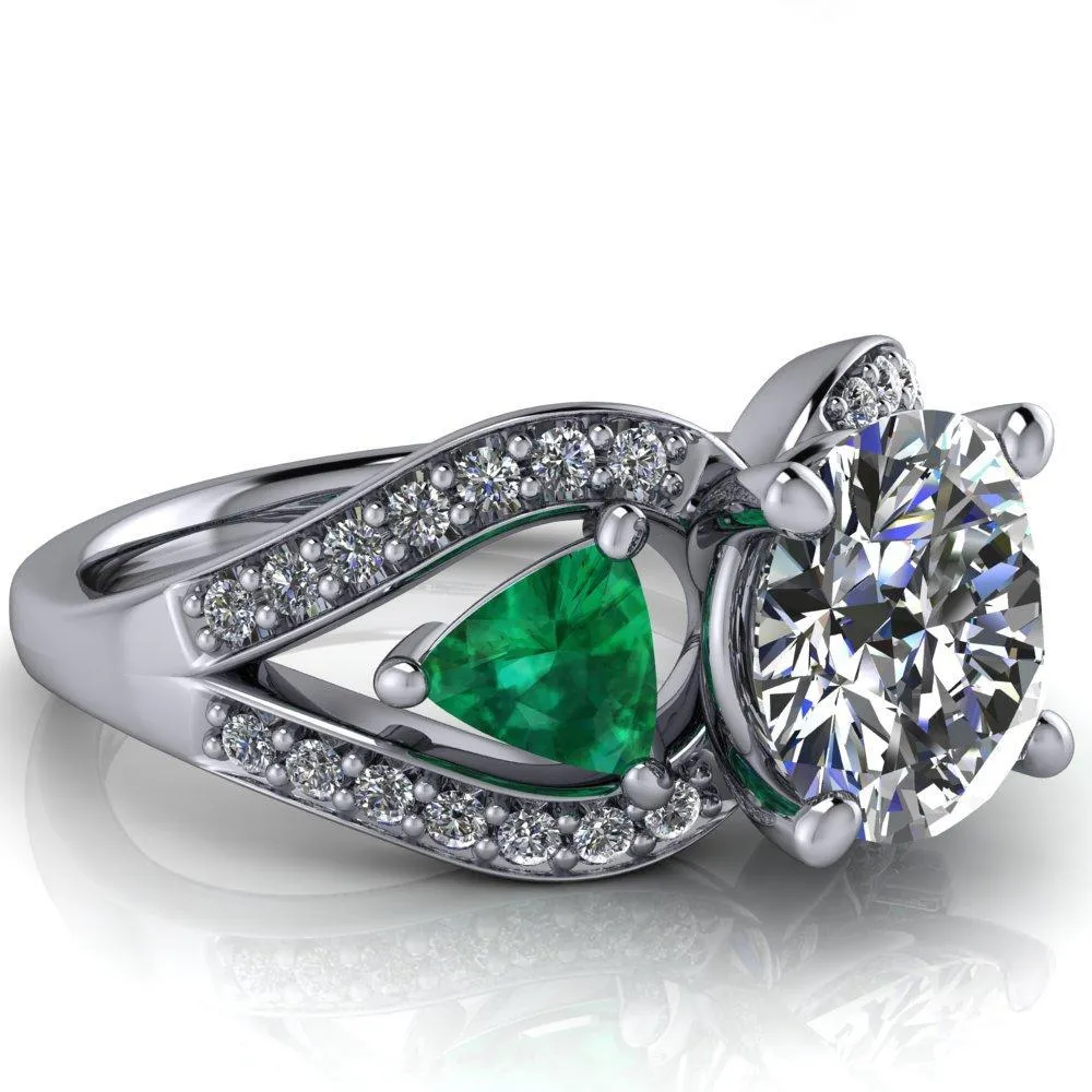 Kassandra Round Center Stone 4 Prong Trillion Emerald Side Split Shank Accent Engagement Ring