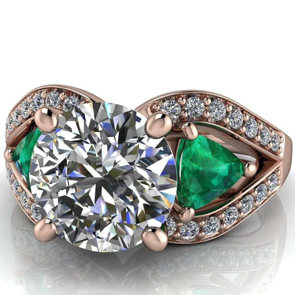 Kassandra Round Center Stone 4 Prong Trillion Emerald Side Split Shank Accent Engagement Ring