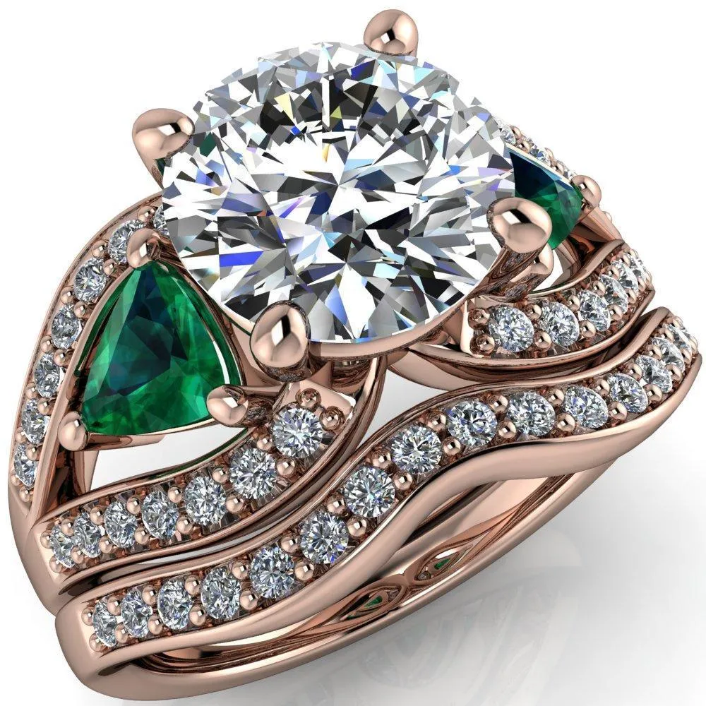Kassandra Round Center Stone 4 Prong Trillion Emerald Side Split Shank Accent Engagement Ring
