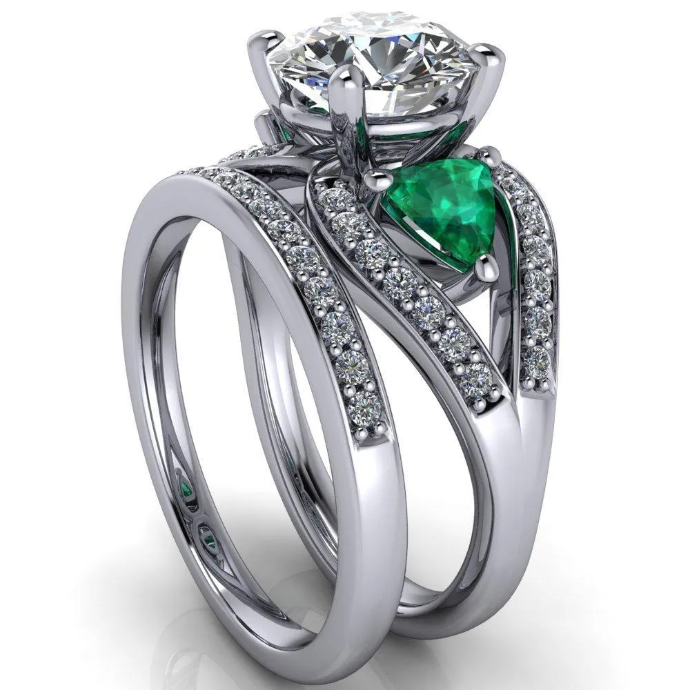 Kassandra Round Center Stone 4 Prong Trillion Emerald Side Split Shank Accent Engagement Ring