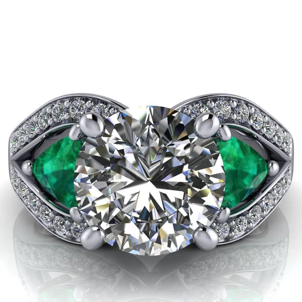 Kassandra Round Center Stone 4 Prong Trillion Emerald Side Split Shank Accent Engagement Ring