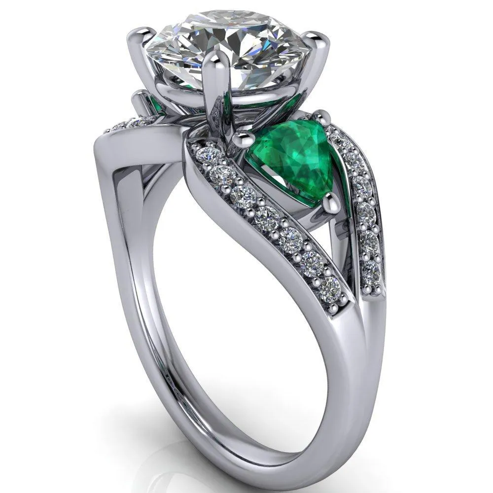 Kassandra Round Center Stone 4 Prong Trillion Emerald Side Split Shank Accent Engagement Ring