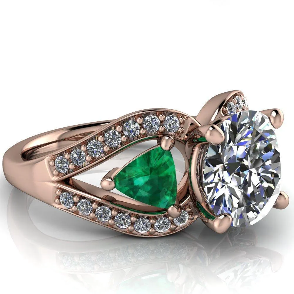 Kassandra Round Center Stone 4 Prong Trillion Emerald Side Split Shank Accent Engagement Ring