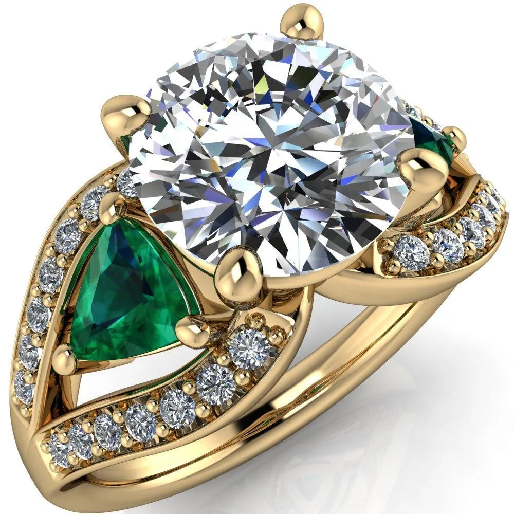 Kassandra Round Center Stone 4 Prong Trillion Emerald Side Split Shank Accent Engagement Ring