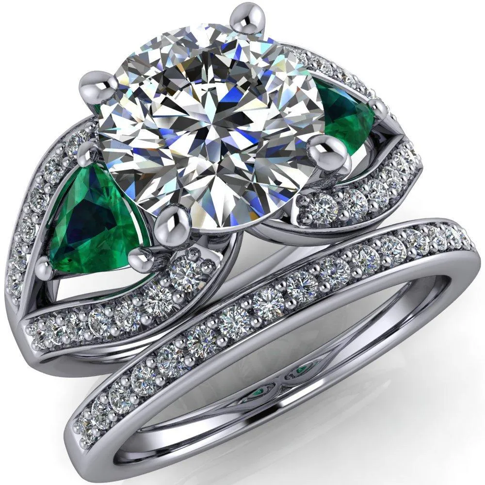 Kassandra Round Center Stone 4 Prong Trillion Emerald Side Split Shank Accent Engagement Ring