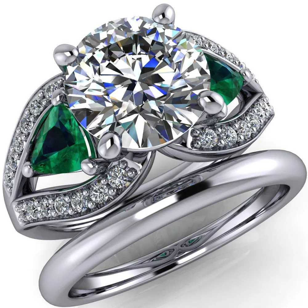 Kassandra Round Center Stone 4 Prong Trillion Emerald Side Split Shank Accent Engagement Ring