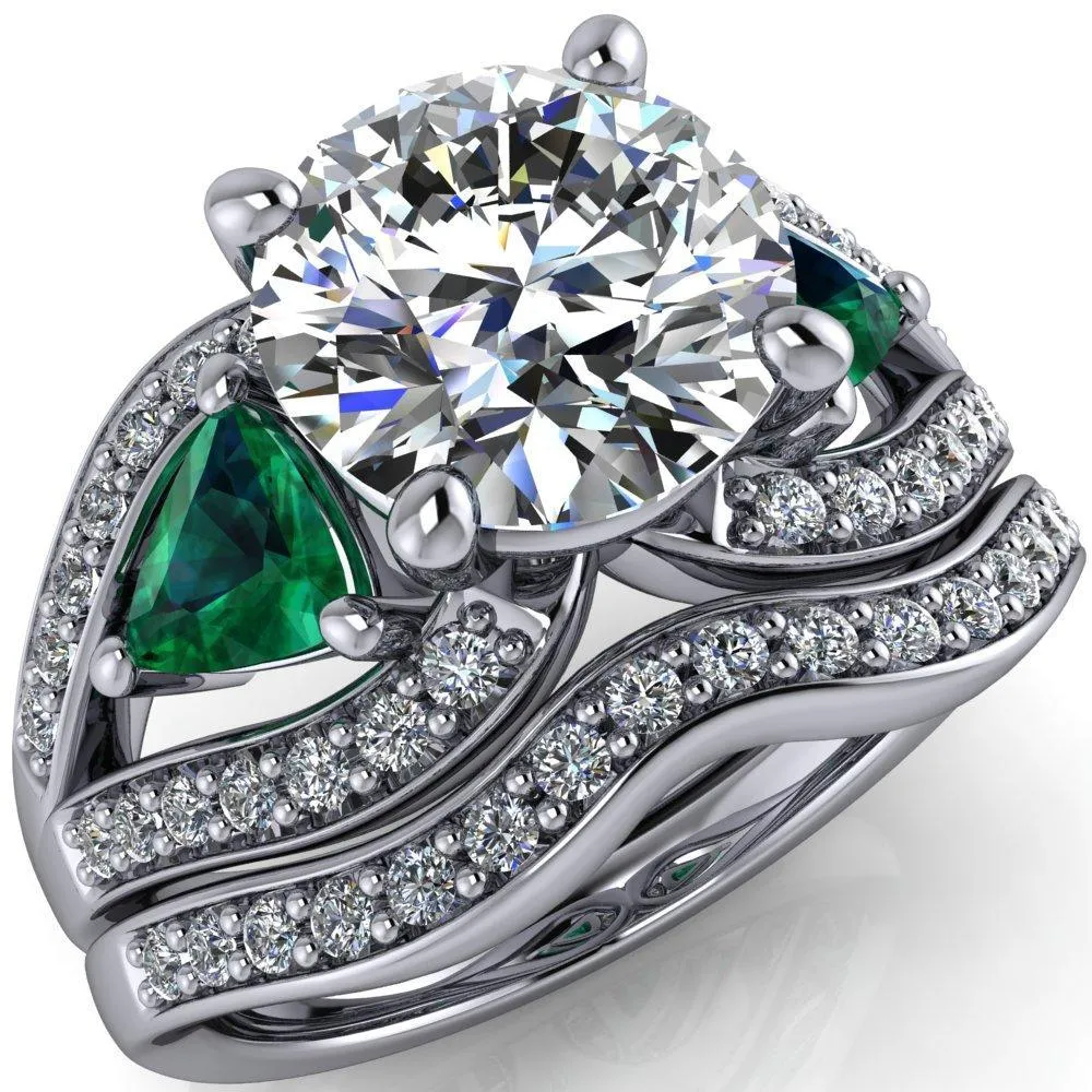 Kassandra Round Center Stone 4 Prong Trillion Emerald Side Split Shank Accent Engagement Ring