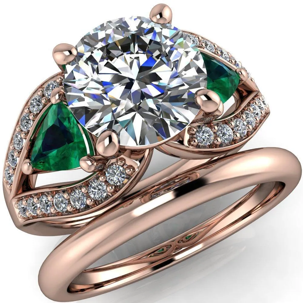 Kassandra Round Center Stone 4 Prong Trillion Emerald Side Split Shank Accent Engagement Ring