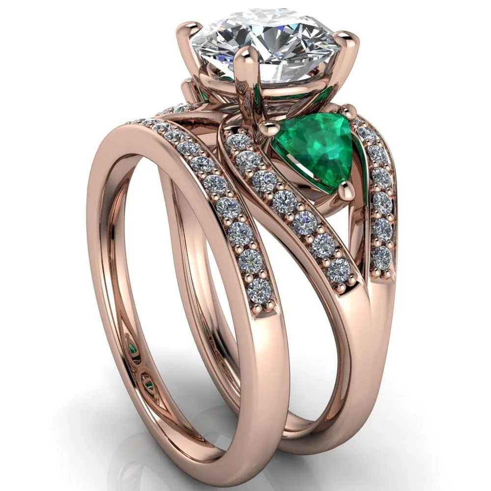 Kassandra Round Center Stone 4 Prong Trillion Emerald Side Split Shank Accent Engagement Ring