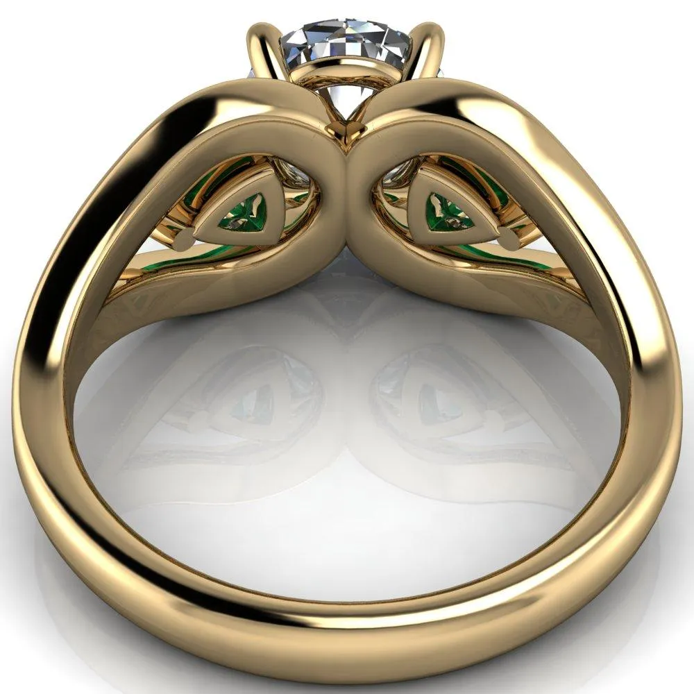 Kassandra Round Center Stone 4 Prong Trillion Emerald Side Split Shank Accent Engagement Ring