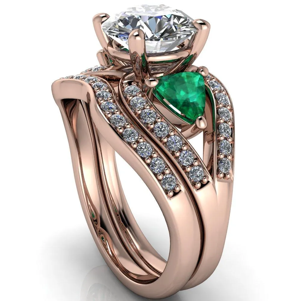 Kassandra Round Center Stone 4 Prong Trillion Emerald Side Split Shank Accent Engagement Ring