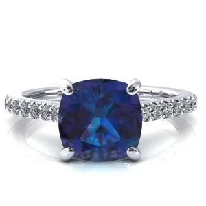 Kelsy Cushion Alexandrite 4 Prong 3/4 Shared Scalloped Inverted Cathedral Ring