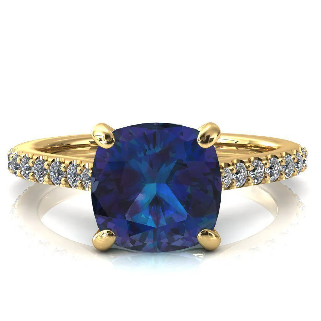 Kelsy Cushion Alexandrite 4 Prong 3/4 Shared Scalloped Inverted Cathedral Ring