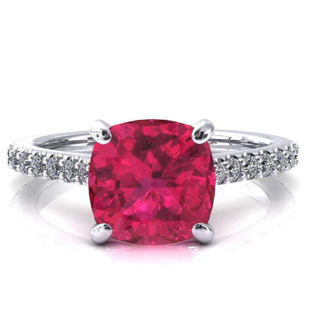 Kelsy Cushion Ruby 4 Prong 3/4 Shared Scalloped Inverted Cathedral Ring