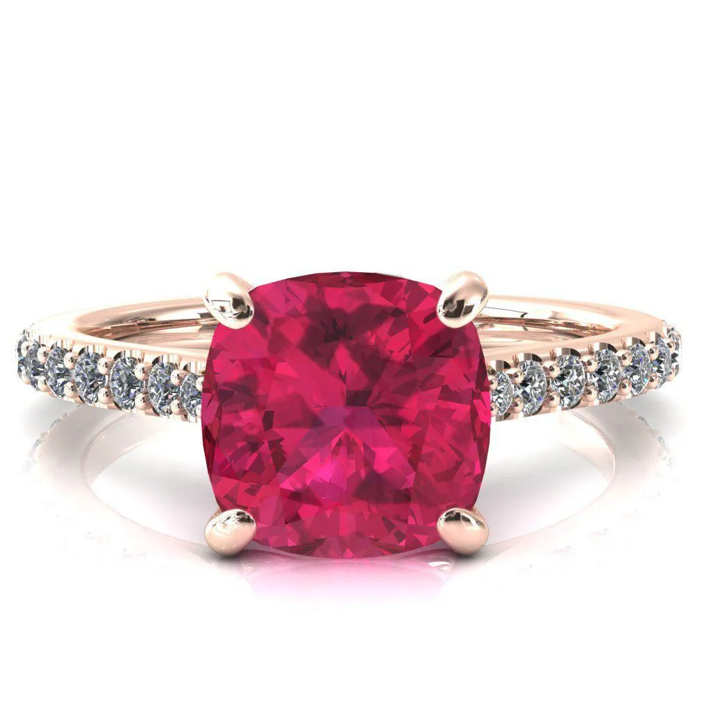Kelsy Cushion Ruby 4 Prong 3/4 Shared Scalloped Inverted Cathedral Ring