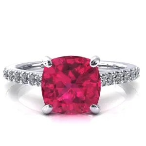 Kelsy Cushion Ruby 4 Prong 3/4 Shared Scalloped Inverted Cathedral Ring