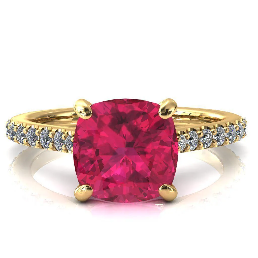 Kelsy Cushion Ruby 4 Prong 3/4 Shared Scalloped Inverted Cathedral Ring
