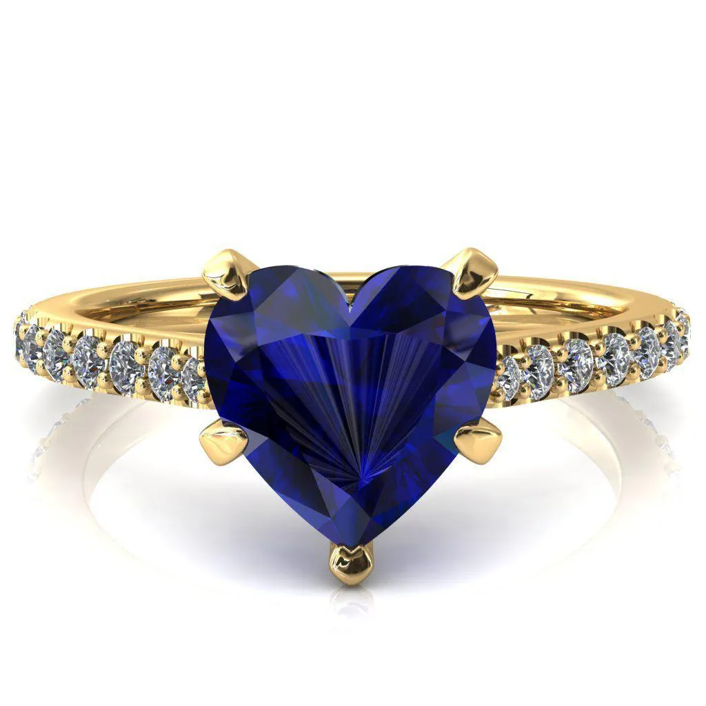 Kelsy Heart Blue Sapphire 5 Prong 3/4 Shared Scalloped Inverted Cathedral Ring