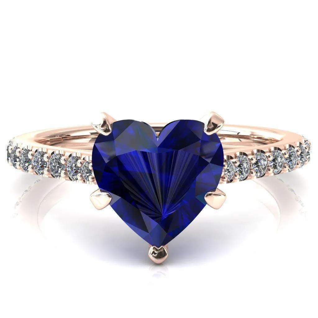 Kelsy Heart Blue Sapphire 5 Prong 3/4 Shared Scalloped Inverted Cathedral Ring