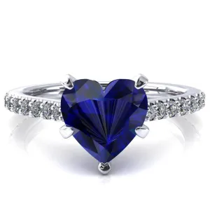 Kelsy Heart Blue Sapphire 5 Prong 3/4 Shared Scalloped Inverted Cathedral Ring