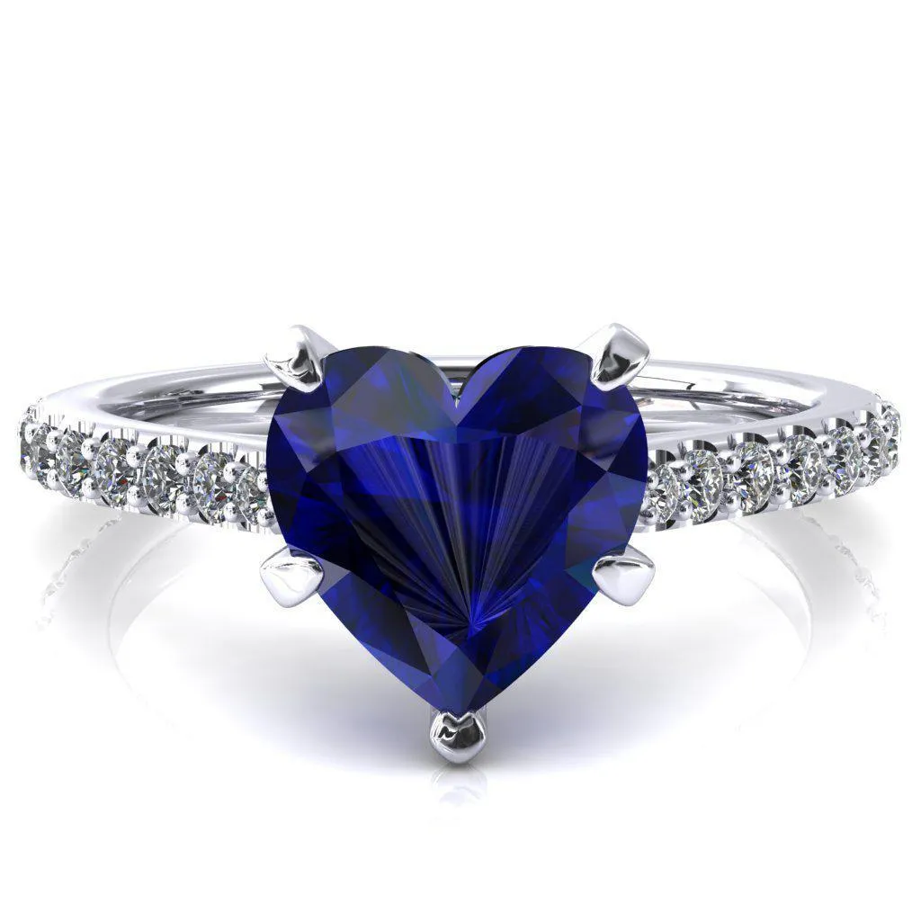 Kelsy Heart Blue Sapphire 5 Prong 3/4 Shared Scalloped Inverted Cathedral Ring