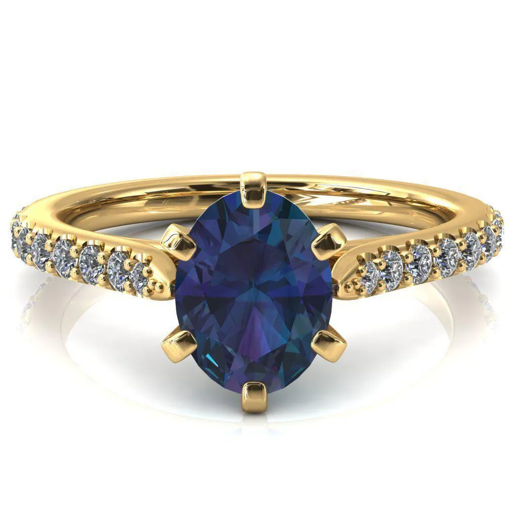 Kelsy Oval Alexandrite 6 Prong 3/4 Shared Scalloped Inverted Cathedral Ring