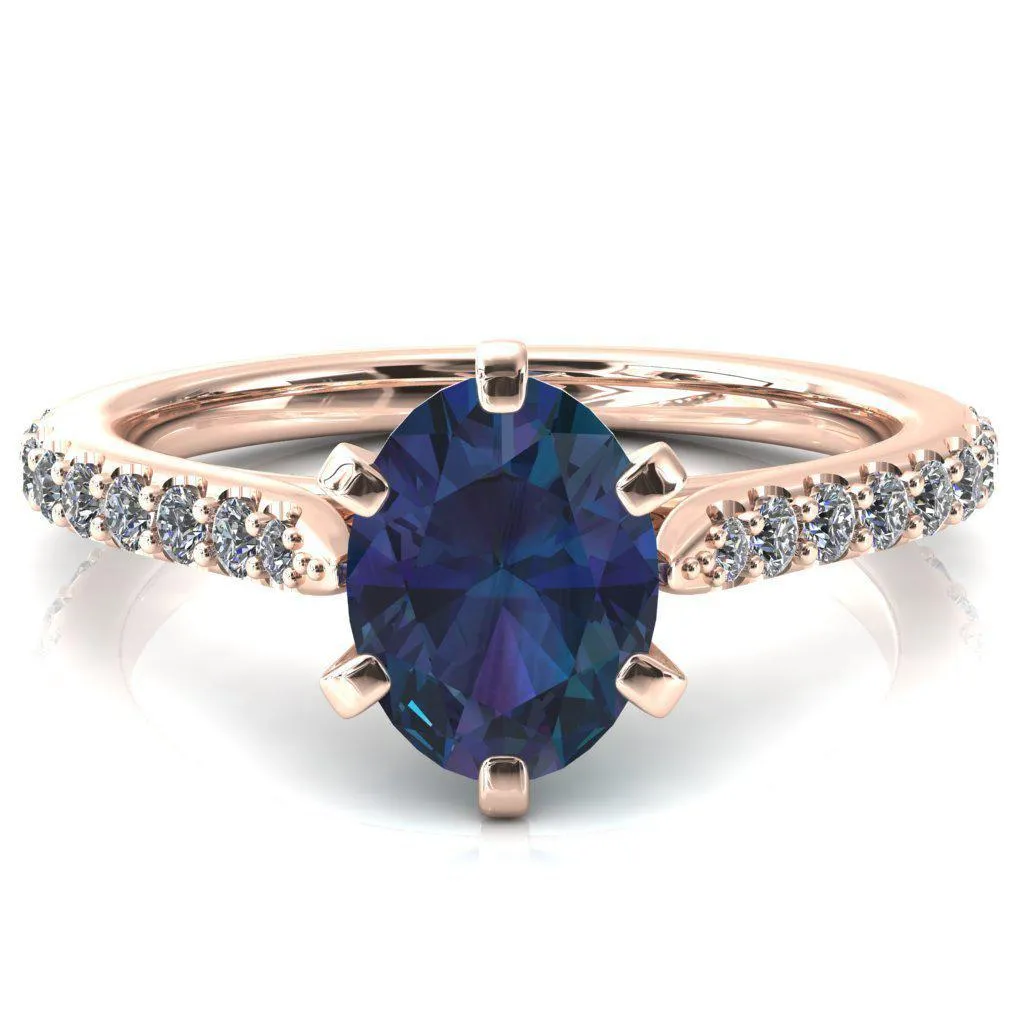 Kelsy Oval Alexandrite 6 Prong 3/4 Shared Scalloped Inverted Cathedral Ring