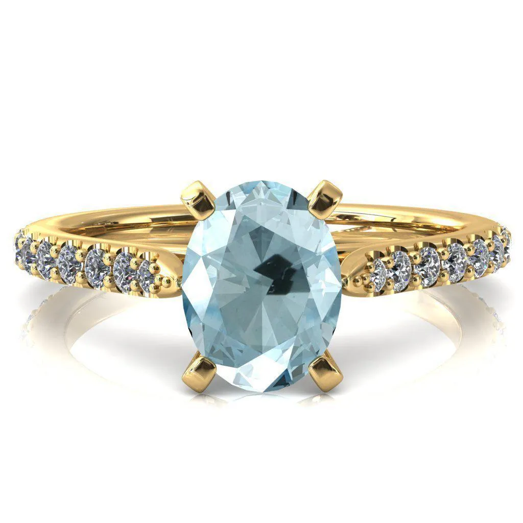 Kelsy Oval Aqua Blue Spinel 4 Prong 3/4 Shared Scalloped Inverted Cathedral Ring