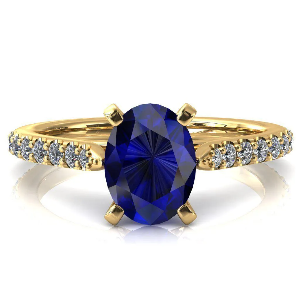 Kelsy Oval Blue Sapphire 4 Prong 3/4 Shared Scalloped Inverted Cathedral Ring